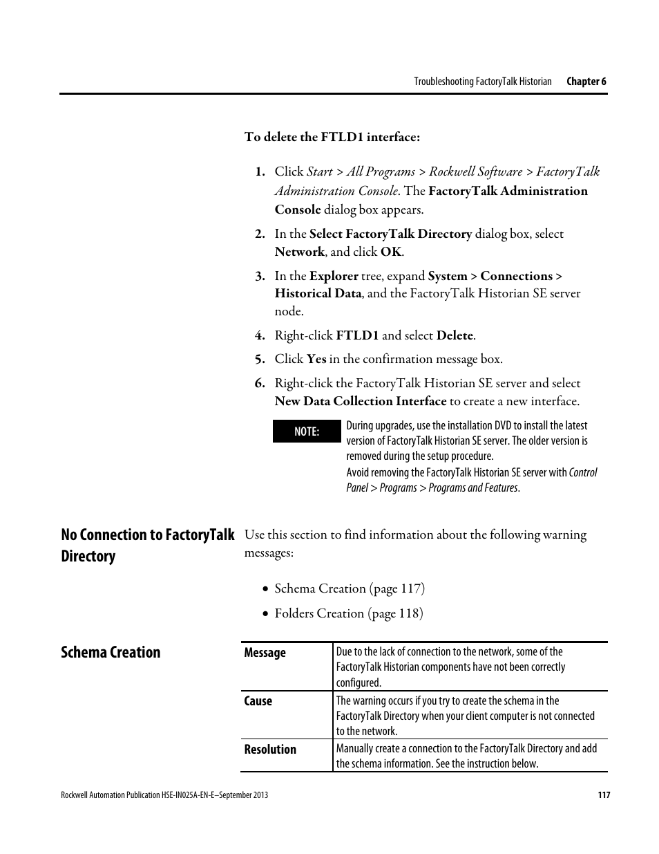 No connection to factorytalk directory, Schema creation | Rockwell Automation FactoryTalk Historian SE 4.0 Installation and Configuration Guide User Manual | Page 117 / 186