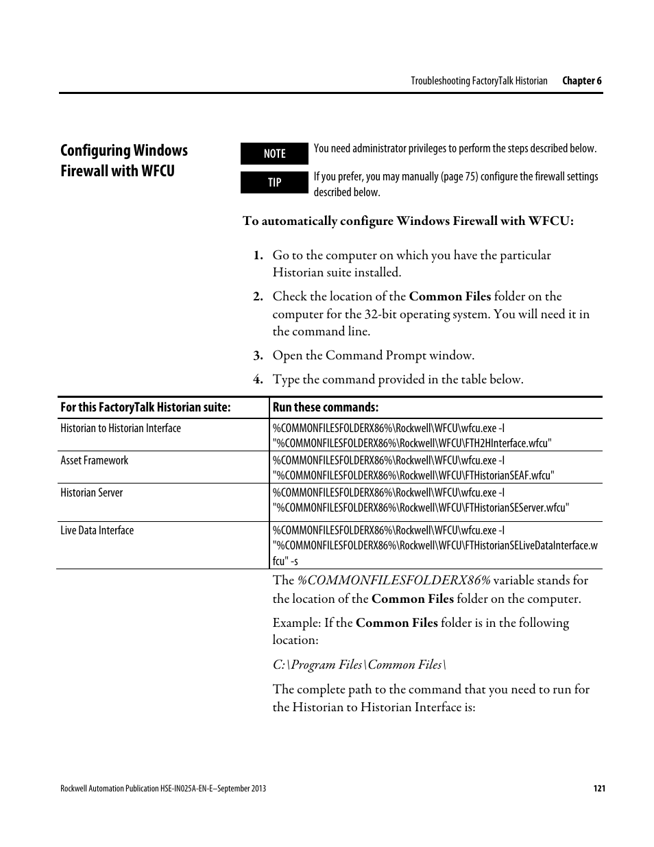Configuring windows firewall with wfcu | Rockwell Automation FactoryTalk Historian SE 4.0 Installation and Configuration Guide User Manual | Page 121 / 186