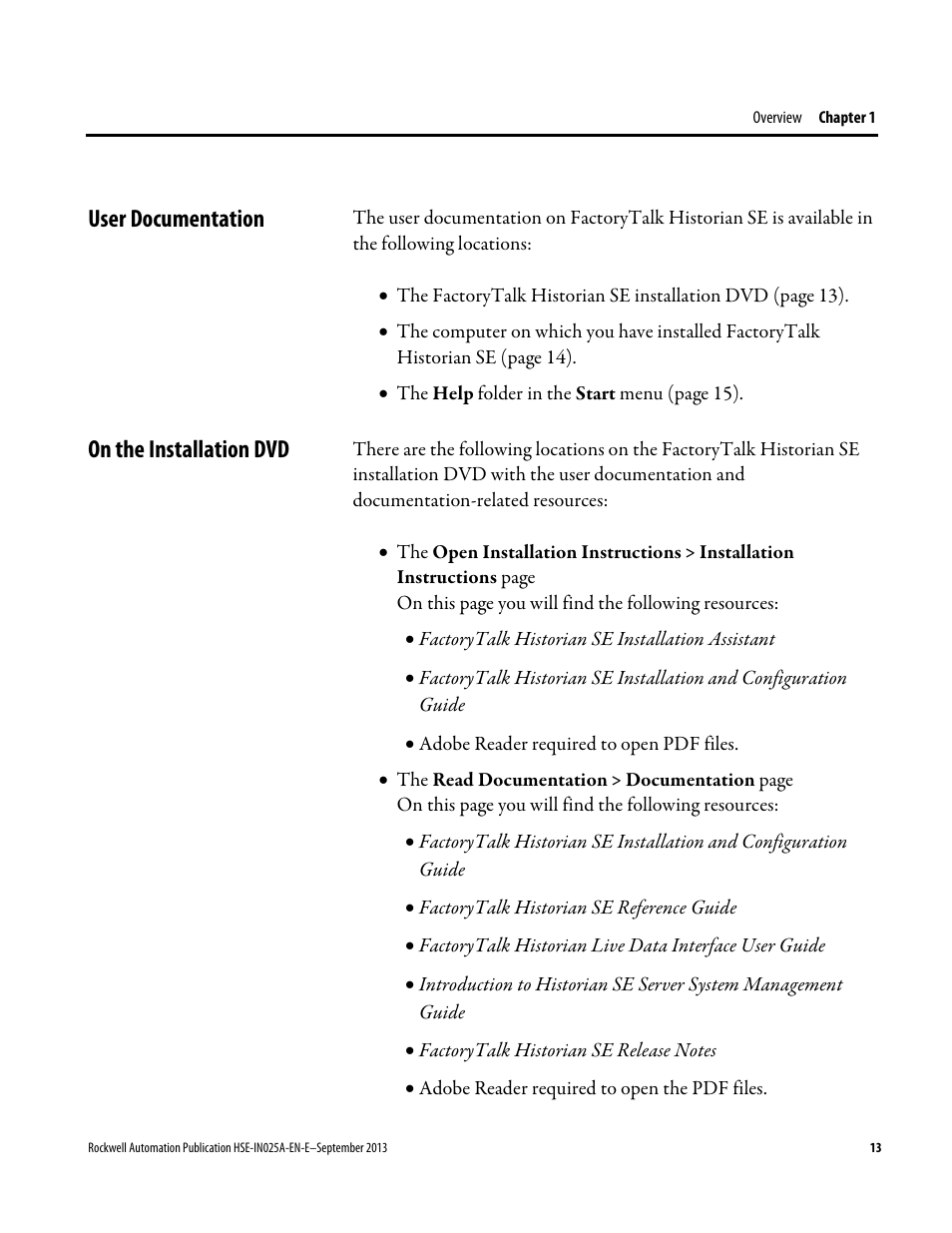 User documentation, On the installation dvd, User documentation on the installation dvd | Rockwell Automation FactoryTalk Historian SE 4.0 Installation and Configuration Guide User Manual | Page 13 / 186