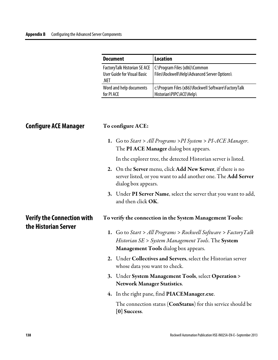 Configure ace manager, Verify the connection with the historian server | Rockwell Automation FactoryTalk Historian SE 4.0 Installation and Configuration Guide User Manual | Page 138 / 186