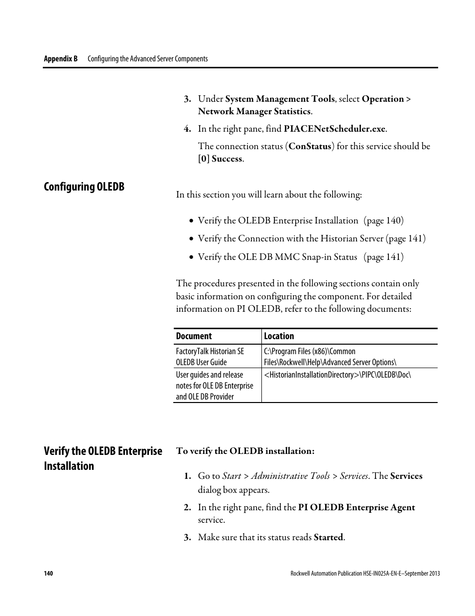 Configuring oledb, Verify the oledb enterprise installation | Rockwell Automation FactoryTalk Historian SE 4.0 Installation and Configuration Guide User Manual | Page 140 / 186