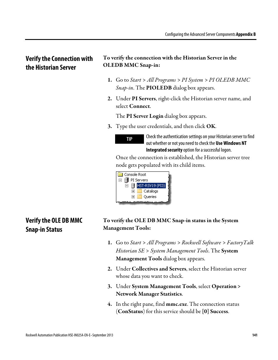Verify the connection with the historian server, Verify the ole db mmc snap-in status | Rockwell Automation FactoryTalk Historian SE 4.0 Installation and Configuration Guide User Manual | Page 141 / 186