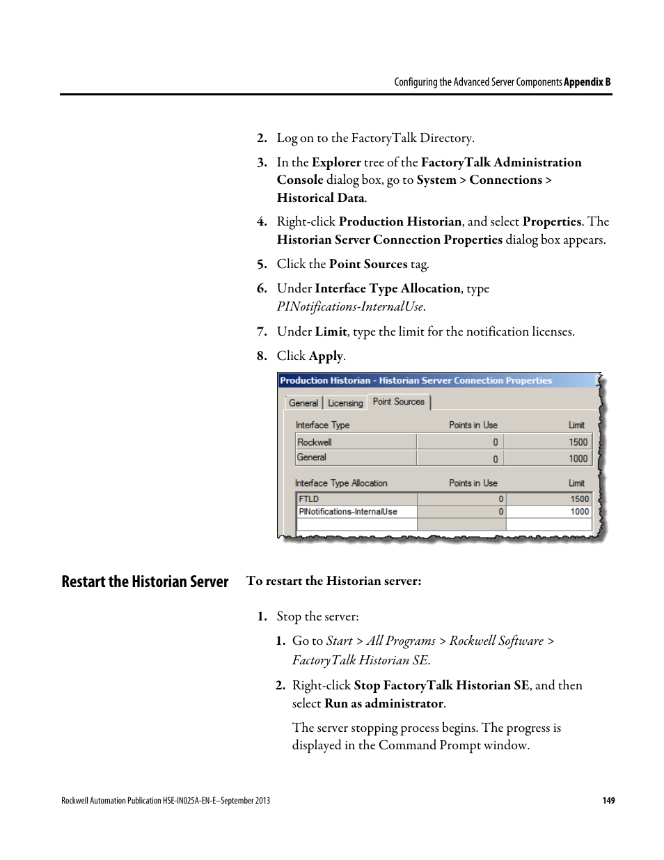 Restart the historian server | Rockwell Automation FactoryTalk Historian SE 4.0 Installation and Configuration Guide User Manual | Page 149 / 186