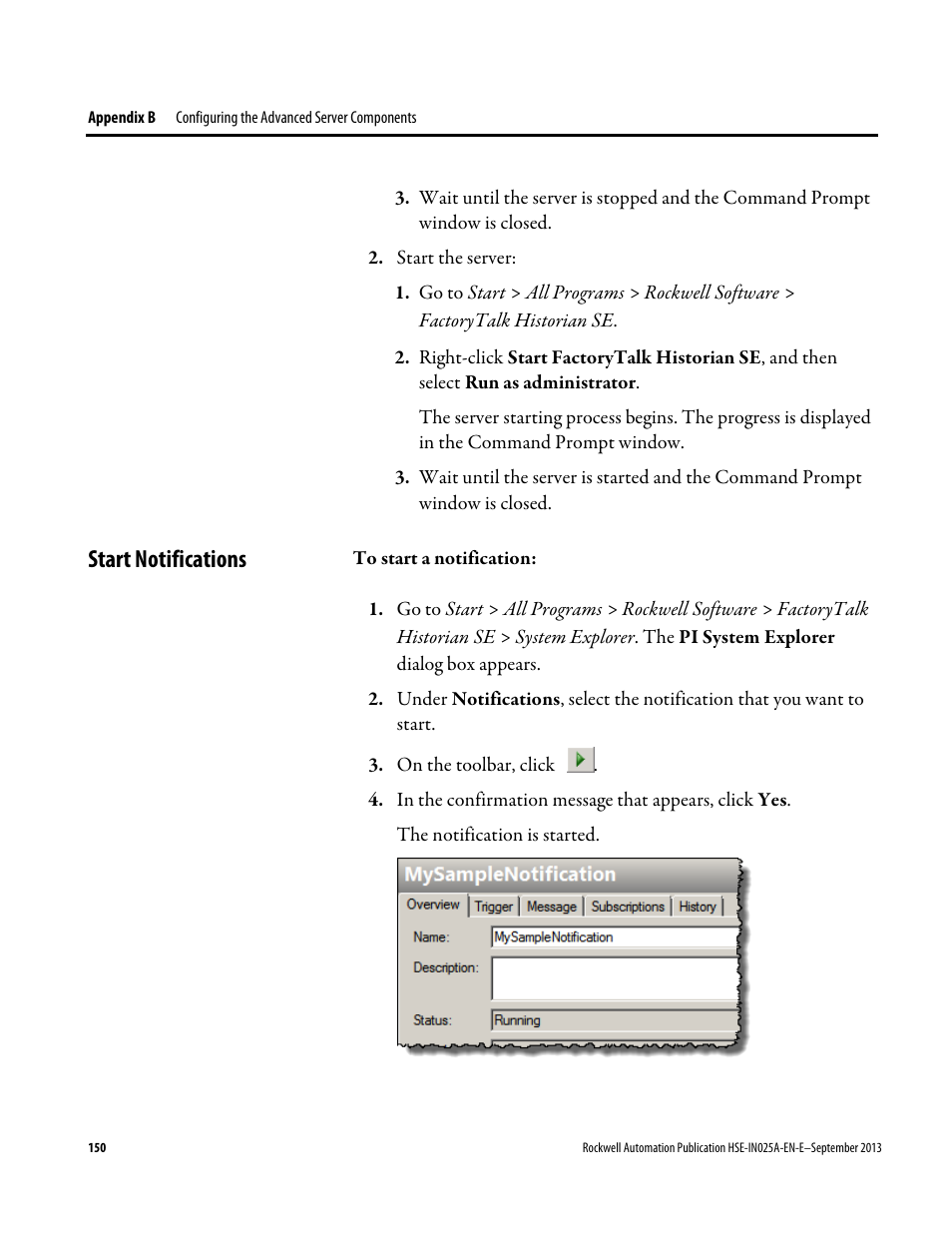 Start notifications | Rockwell Automation FactoryTalk Historian SE 4.0 Installation and Configuration Guide User Manual | Page 150 / 186