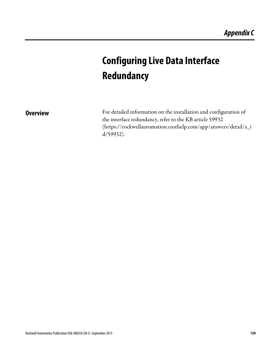 Configuring live data interface redundancy, Overview, Appendix c | Configuring live data interface, Redundancy | Rockwell Automation FactoryTalk Historian SE 4.0 Installation and Configuration Guide User Manual | Page 159 / 186