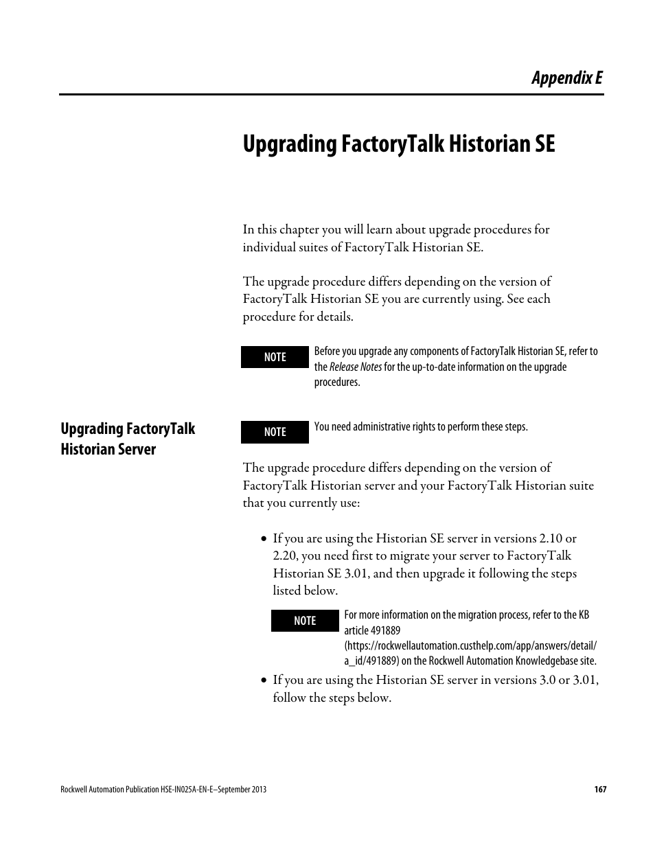 Upgrading factorytalk historian se, Upgrading factorytalk historian server, Appendix e | Upgrading factorytalk, Historian se, Age 167) | Rockwell Automation FactoryTalk Historian SE 4.0 Installation and Configuration Guide User Manual | Page 167 / 186