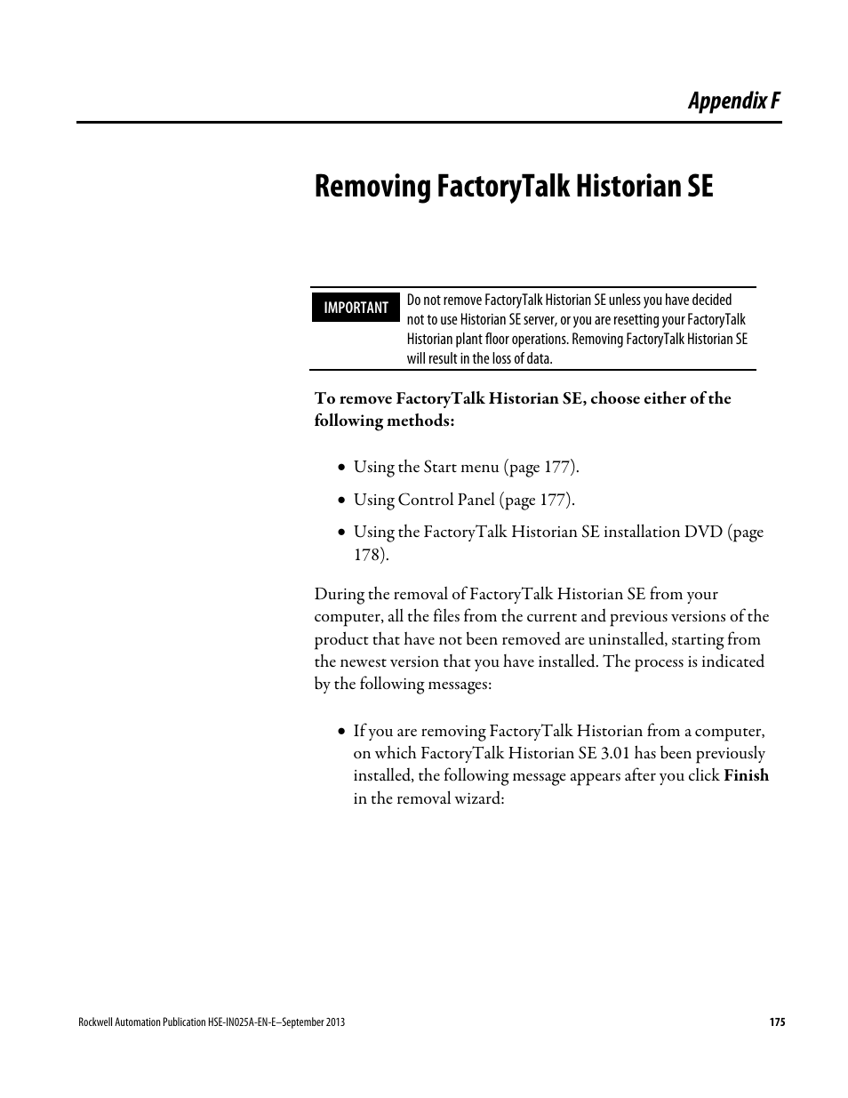 Removing factorytalk historian se, Appendix f, Removing factorytalk historian | Age 175) | Rockwell Automation FactoryTalk Historian SE 4.0 Installation and Configuration Guide User Manual | Page 175 / 186