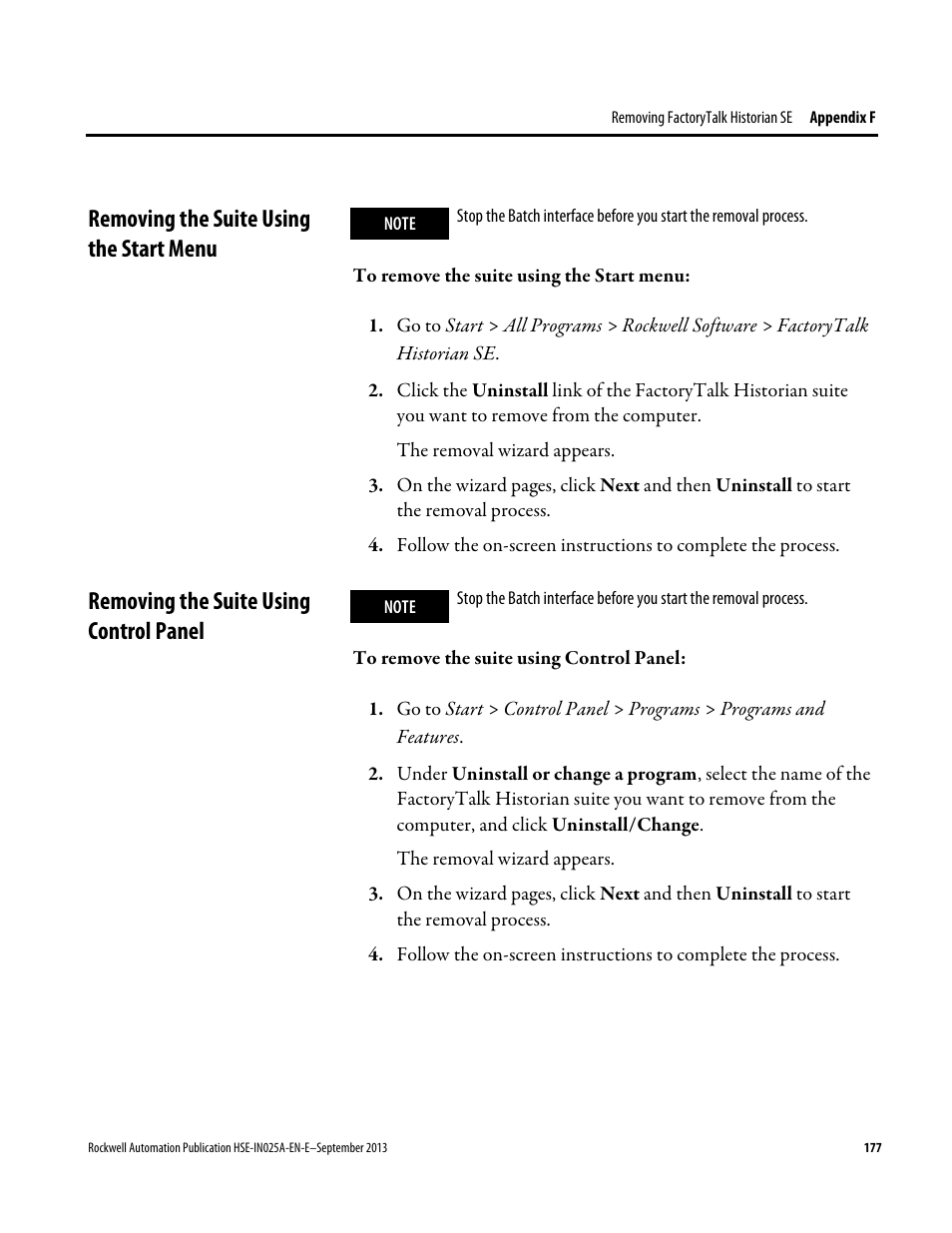 Removing the suite using the start menu, Removing the suite using control panel | Rockwell Automation FactoryTalk Historian SE 4.0 Installation and Configuration Guide User Manual | Page 177 / 186