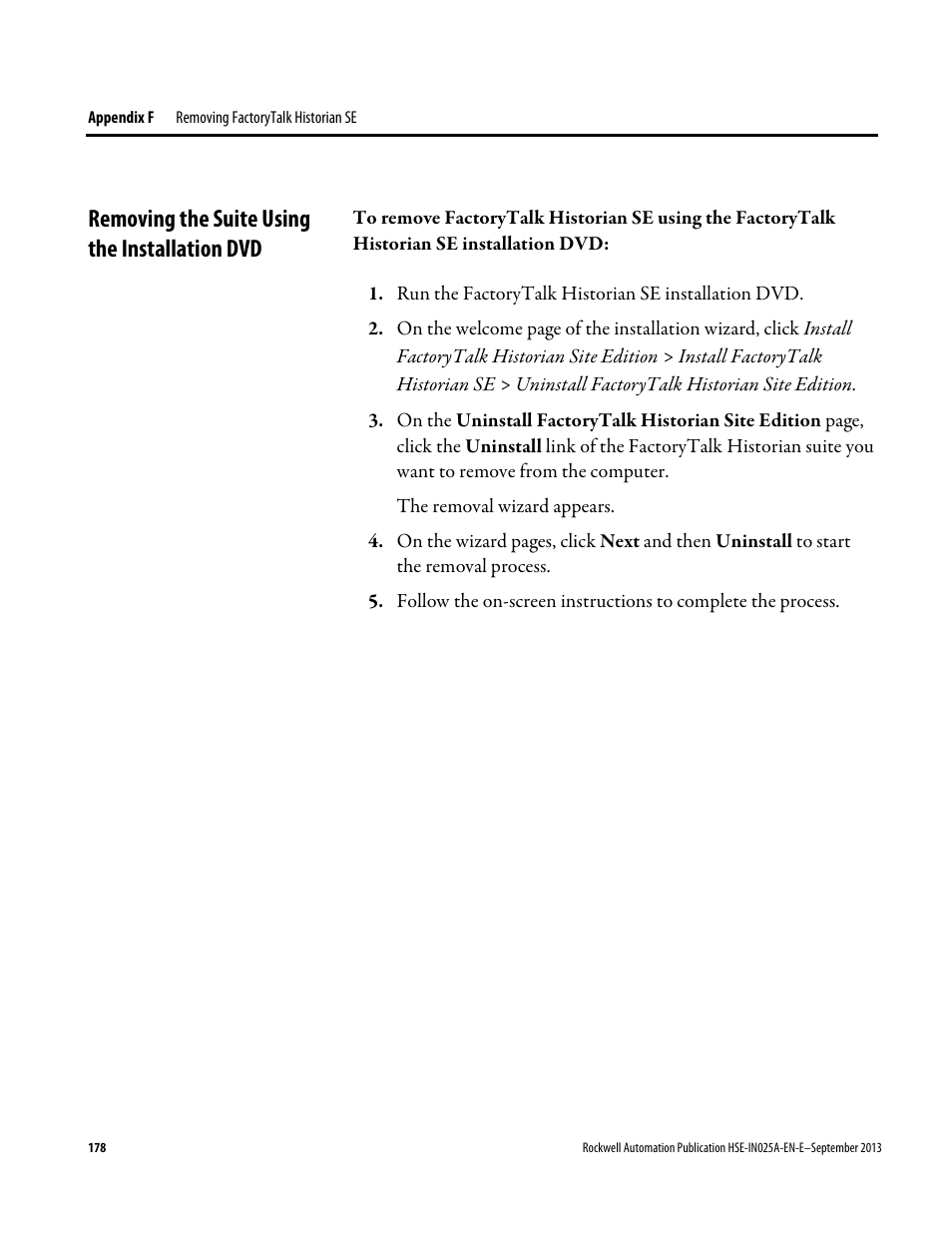 Removing the suite using the installation dvd | Rockwell Automation FactoryTalk Historian SE 4.0 Installation and Configuration Guide User Manual | Page 178 / 186