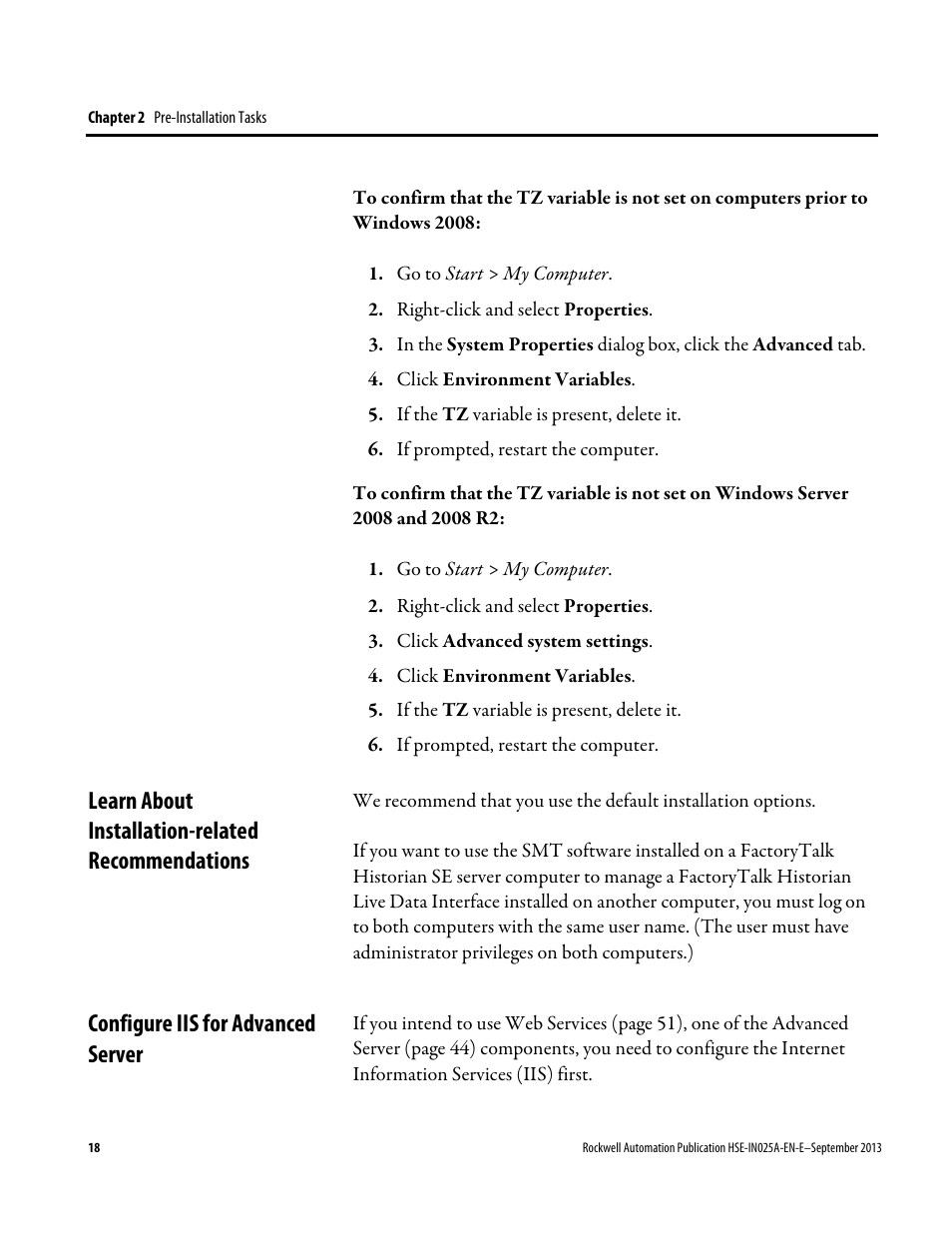 Learn about installation-related recommendations, Configure iis for advanced server | Rockwell Automation FactoryTalk Historian SE 4.0 Installation and Configuration Guide User Manual | Page 18 / 186