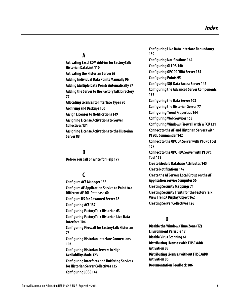 Index | Rockwell Automation FactoryTalk Historian SE 4.0 Installation and Configuration Guide User Manual | Page 181 / 186