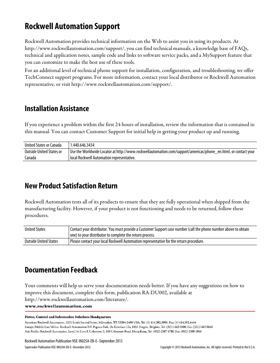 Rockwell automation support, Installation assistance, New product satisfaction return | Documentation feedback | Rockwell Automation FactoryTalk Historian SE 4.0 Installation and Configuration Guide User Manual | Page 186 / 186