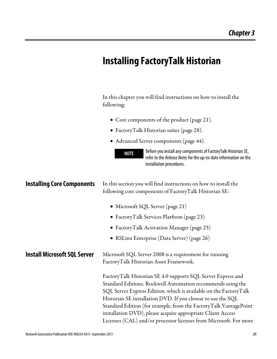 Installing factorytalk historian, Installing core components, Install microsoft sql server | Chapter 3 | Rockwell Automation FactoryTalk Historian SE 4.0 Installation and Configuration Guide User Manual | Page 21 / 186