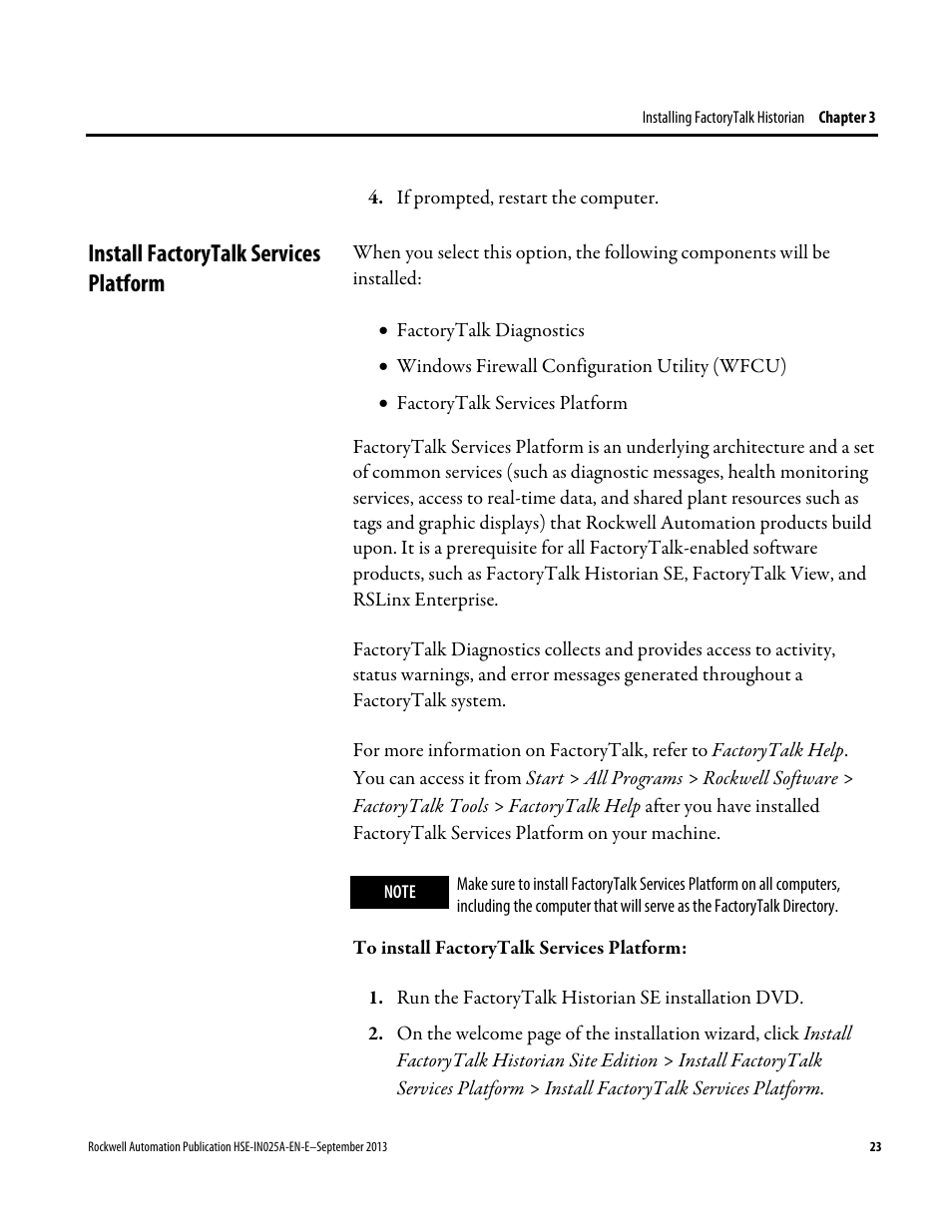 Install factorytalk services platform | Rockwell Automation FactoryTalk Historian SE 4.0 Installation and Configuration Guide User Manual | Page 23 / 186