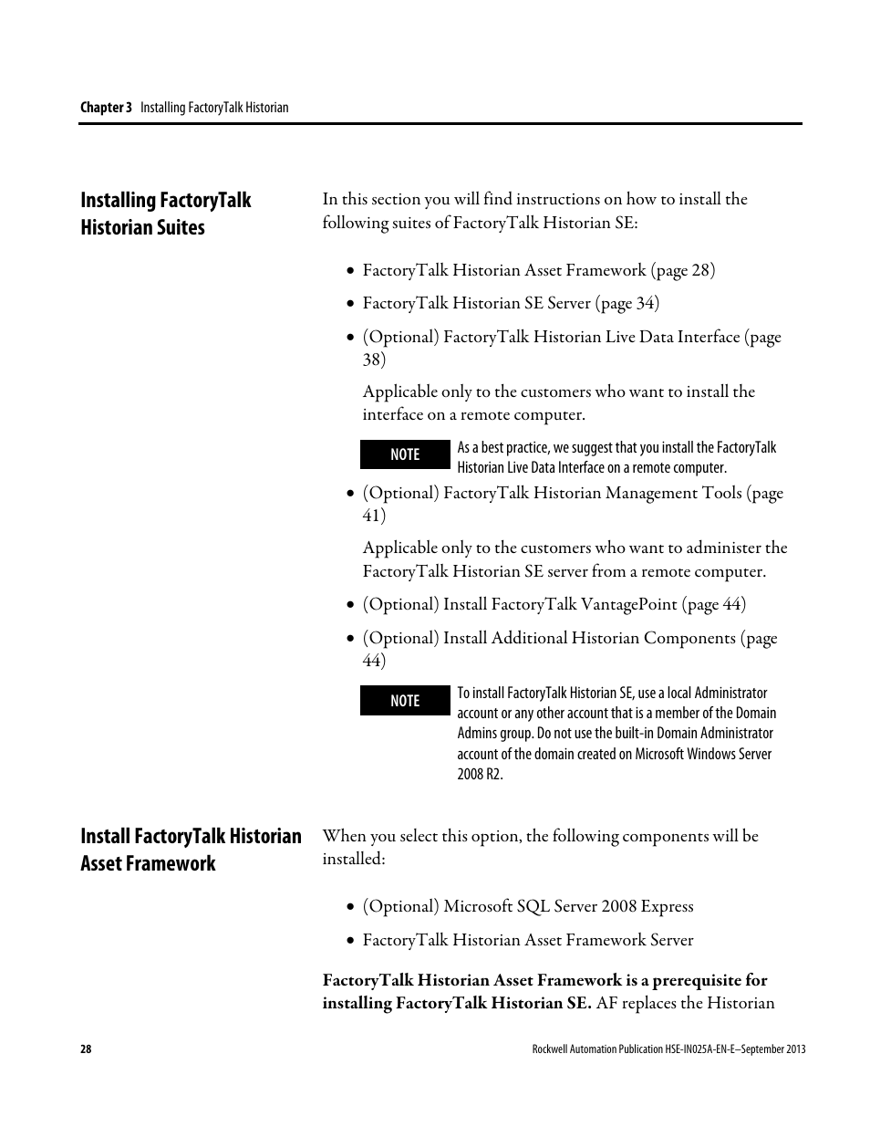 Installing factorytalk historian suites, Install factorytalk historian asset framework | Rockwell Automation FactoryTalk Historian SE 4.0 Installation and Configuration Guide User Manual | Page 28 / 186