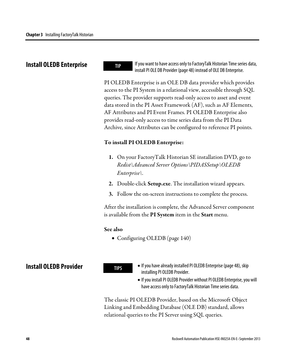 Install oledb enterprise, Install oledb provider, E 48) | Install oledb enterprise install oledb provider | Rockwell Automation FactoryTalk Historian SE 4.0 Installation and Configuration Guide User Manual | Page 48 / 186