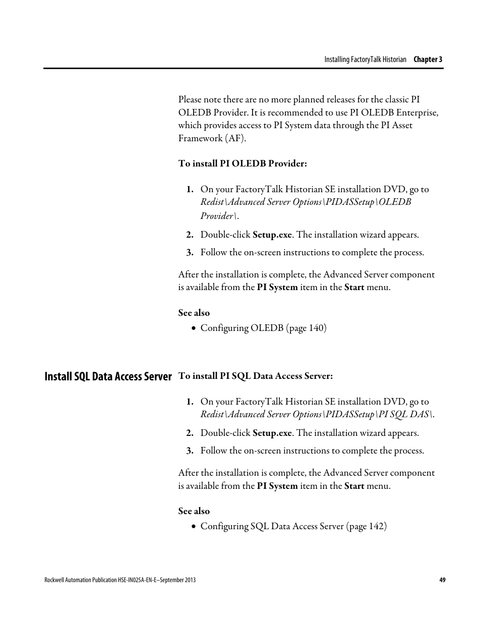 Install sql data access server | Rockwell Automation FactoryTalk Historian SE 4.0 Installation and Configuration Guide User Manual | Page 49 / 186