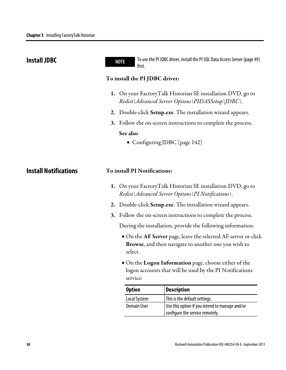 Install jdbc, Install notifications, Install jdbc install notifications | Rockwell Automation FactoryTalk Historian SE 4.0 Installation and Configuration Guide User Manual | Page 50 / 186