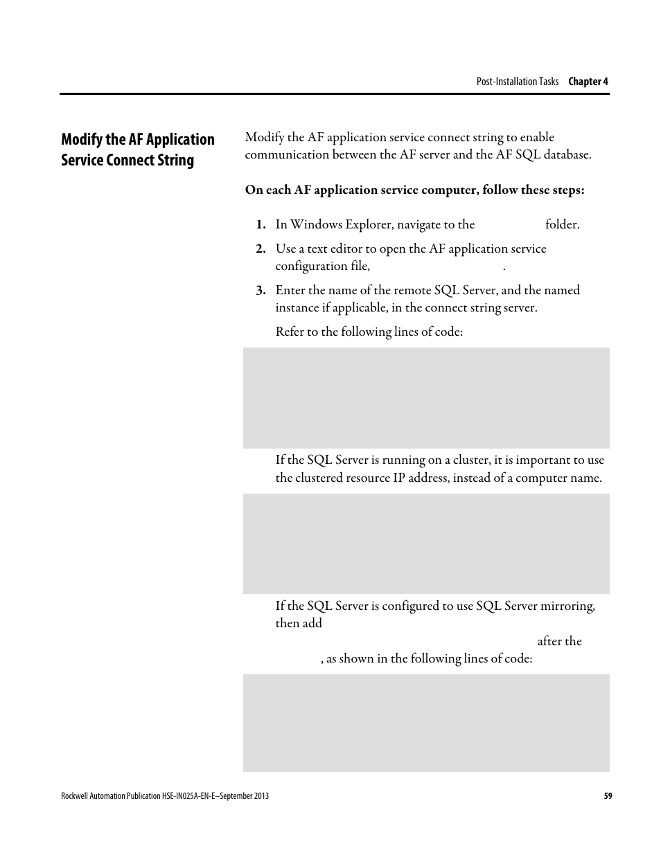 Modify the af application service connect string, After the, As shown in the following lines of code | Rockwell Automation FactoryTalk Historian SE 4.0 Installation and Configuration Guide User Manual | Page 59 / 186