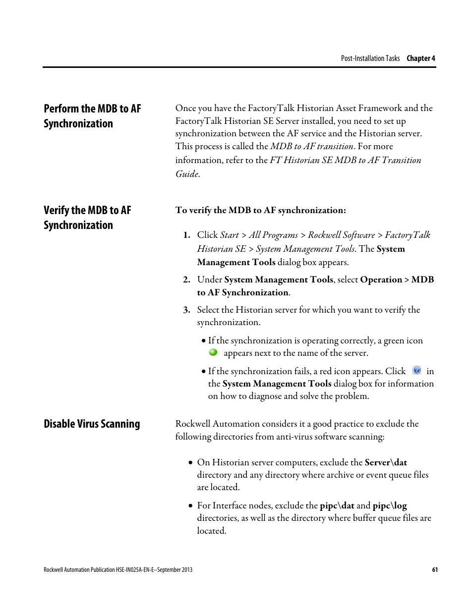 Perform the mdb to af synchronization, Verify the mdb to af synchronization, Disable virus scanning | E 61) | Rockwell Automation FactoryTalk Historian SE 4.0 Installation and Configuration Guide User Manual | Page 61 / 186