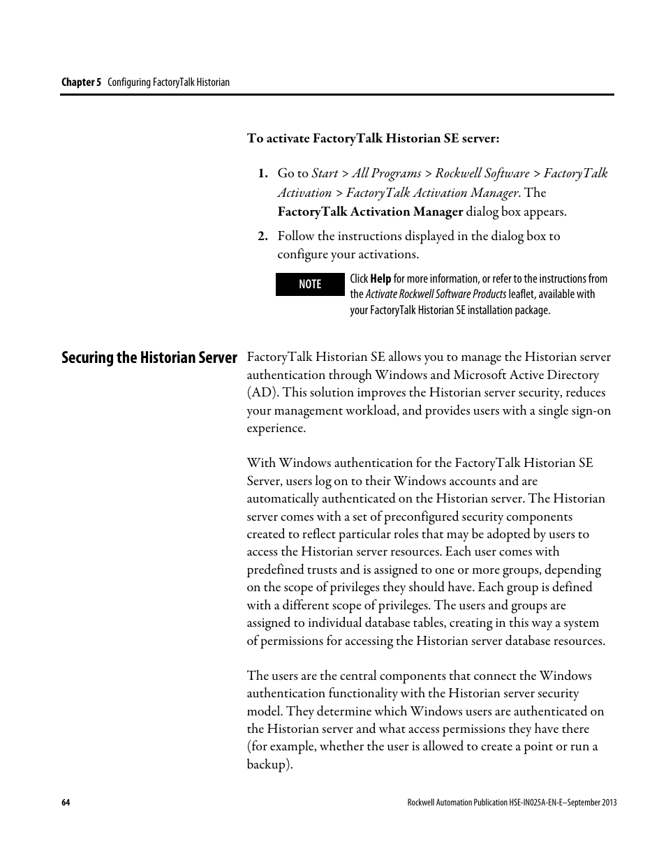 Securing the historian server | Rockwell Automation FactoryTalk Historian SE 4.0 Installation and Configuration Guide User Manual | Page 64 / 186