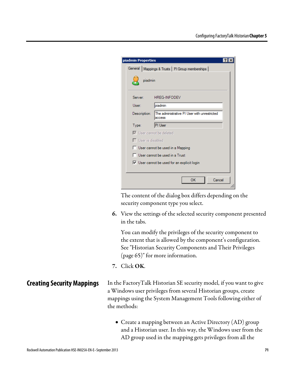 Creating security mappings | Rockwell Automation FactoryTalk Historian SE 4.0 Installation and Configuration Guide User Manual | Page 71 / 186