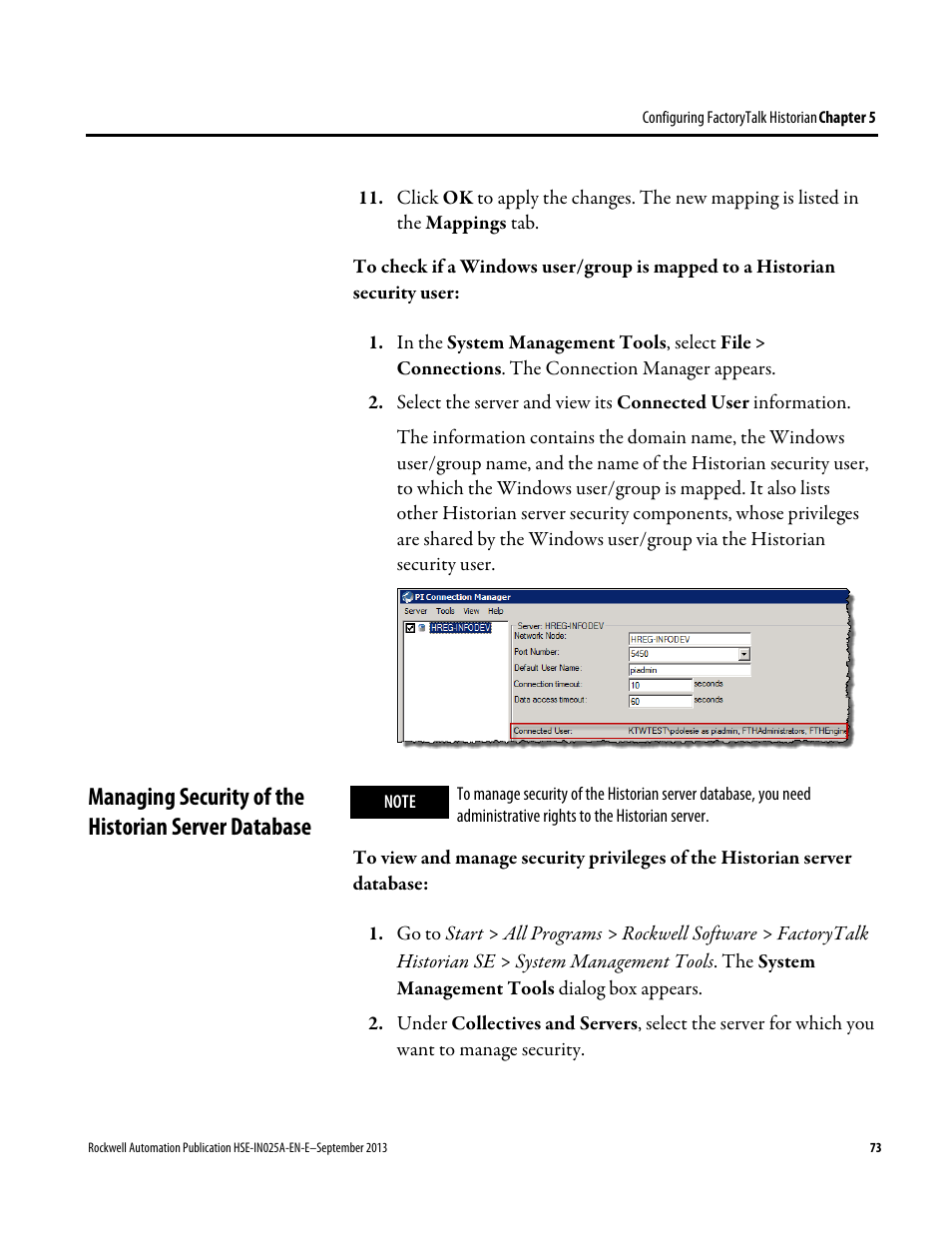 Managing security of the historian server database | Rockwell Automation FactoryTalk Historian SE 4.0 Installation and Configuration Guide User Manual | Page 73 / 186