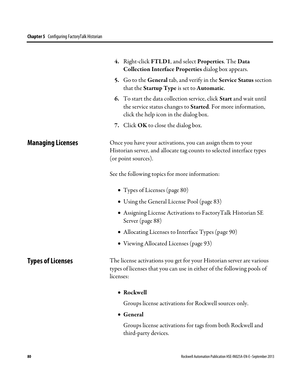 Managing licenses, Types of licenses, Managing licenses types of licenses | Rockwell Automation FactoryTalk Historian SE 4.0 Installation and Configuration Guide User Manual | Page 80 / 186