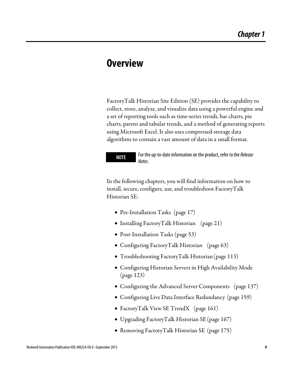 Overview, Chapter 1 | Rockwell Automation FactoryTalk Historian SE 4.0 Installation and Configuration Guide User Manual | Page 9 / 186