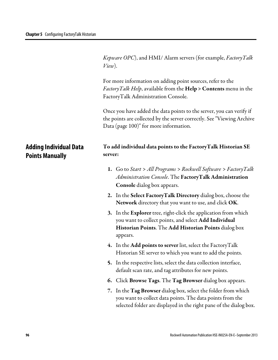 Adding individual data points manually | Rockwell Automation FactoryTalk Historian SE 4.0 Installation and Configuration Guide User Manual | Page 96 / 186