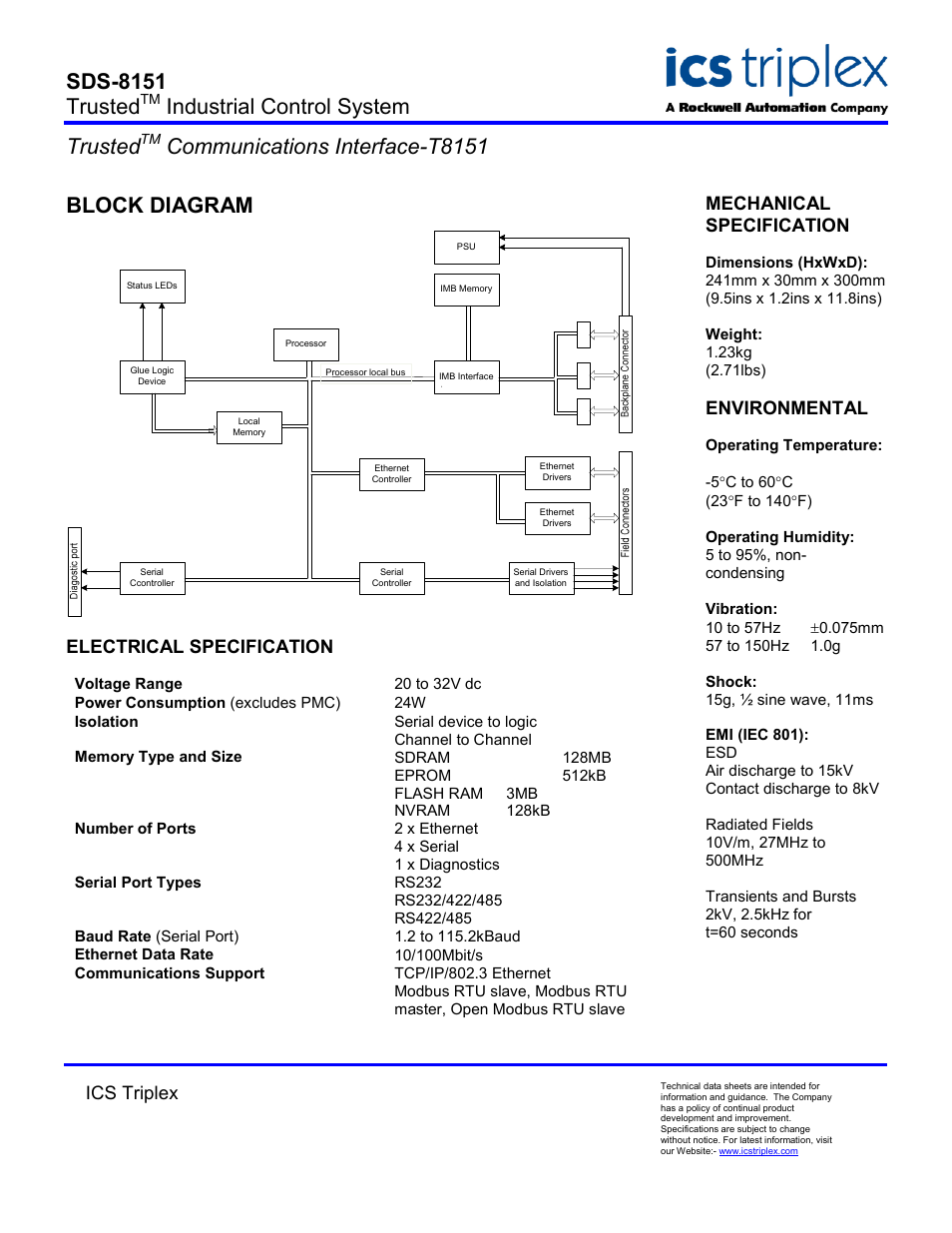 Block diagram, Electrical specification, Sds-8151 trusted | Industrial control system trusted, Communications interface-t8151, Ics triplex, Mechanical specification, Environmental | Rockwell Automation T8151 Trusted Communications Interface User Manual | Page 2 / 2
