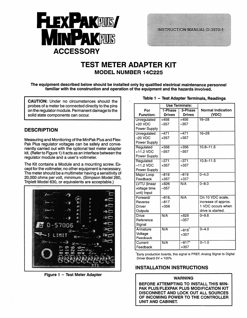 Rockwell Automation FlexPak Plus/MinPak Plus Test Meter Adapter Kit 14C225 User Manual | 4 pages