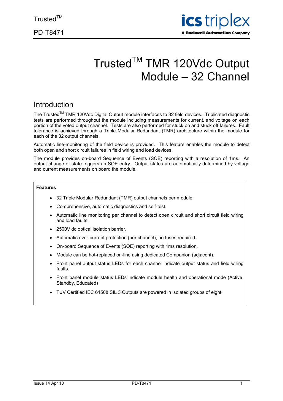 Rockwell Automation T8471 Trusted TMR 120V dc Digital Output Module - 32 Channel User Manual | 32 pages