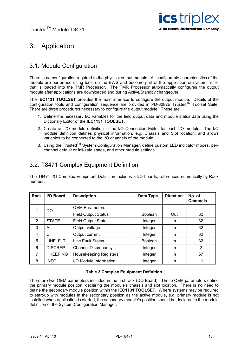 Application, Module configuration, T8471 complex equipment definition | Table 3 complex equipment definition, Trusted, Module t8471 | Rockwell Automation T8471 Trusted TMR 120V dc Digital Output Module - 32 Channel User Manual | Page 18 / 32