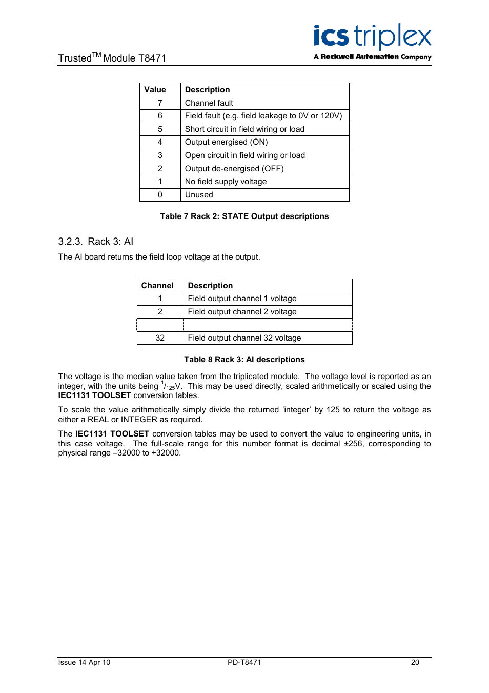 Rack 3: ai, Table 7 rack 2: state output descriptions, Table 8 rack 3: ai descriptions | Trusted, Module t8471 | Rockwell Automation T8471 Trusted TMR 120V dc Digital Output Module - 32 Channel User Manual | Page 20 / 32