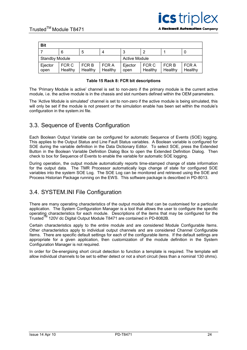 Sequence of events configuration, System.ini file configuration, Table 15 rack 8: fcr bit descriptions | Trusted, Module t8471 | Rockwell Automation T8471 Trusted TMR 120V dc Digital Output Module - 32 Channel User Manual | Page 24 / 32