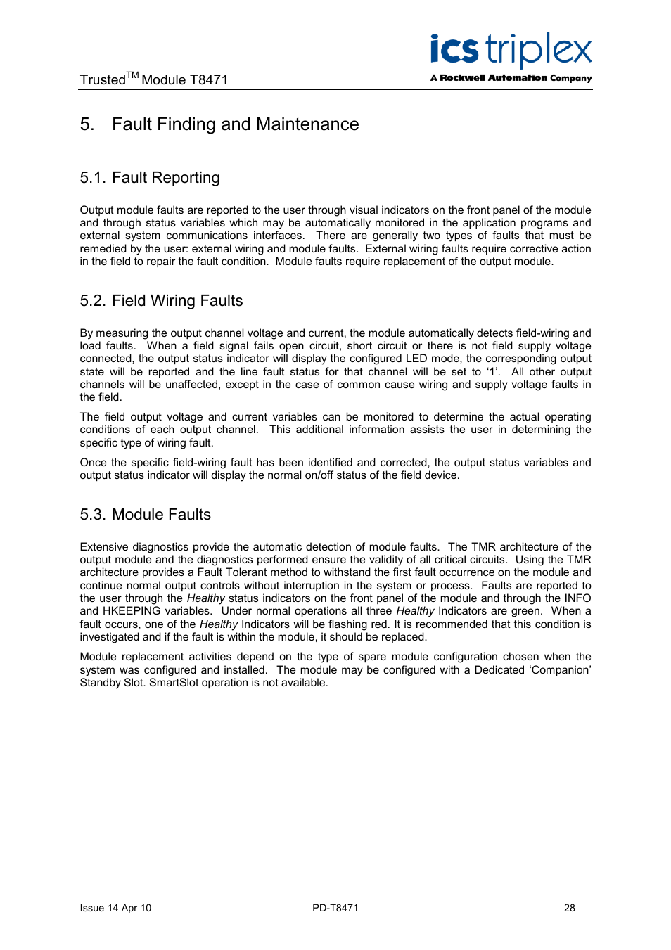 Fault finding and maintenance, Fault reporting, Field wiring faults | Module faults | Rockwell Automation T8471 Trusted TMR 120V dc Digital Output Module - 32 Channel User Manual | Page 28 / 32