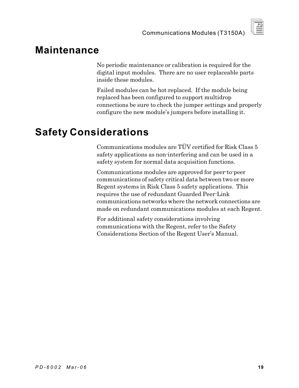 Maintenance, Safety considerations | Rockwell Automation T3150A ICS Regent Communications Module User Manual | Page 19 / 21