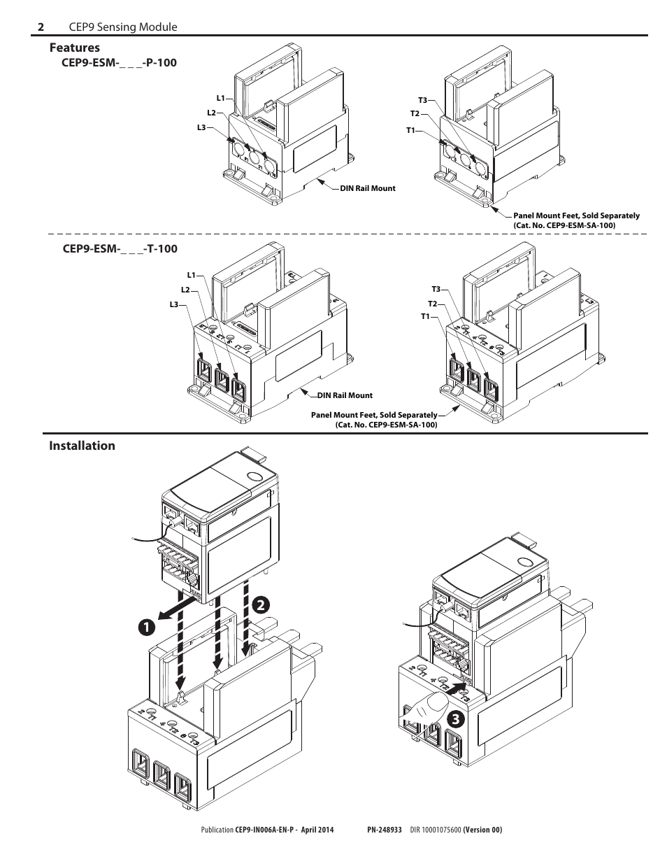 Installation, Features, Cep9 sensing module 2 | Rockwell Automation CEP9-ESM-xxx-xxx Sprecher+Schuh CEP9 Sensing Module User Manual | Page 2 / 4