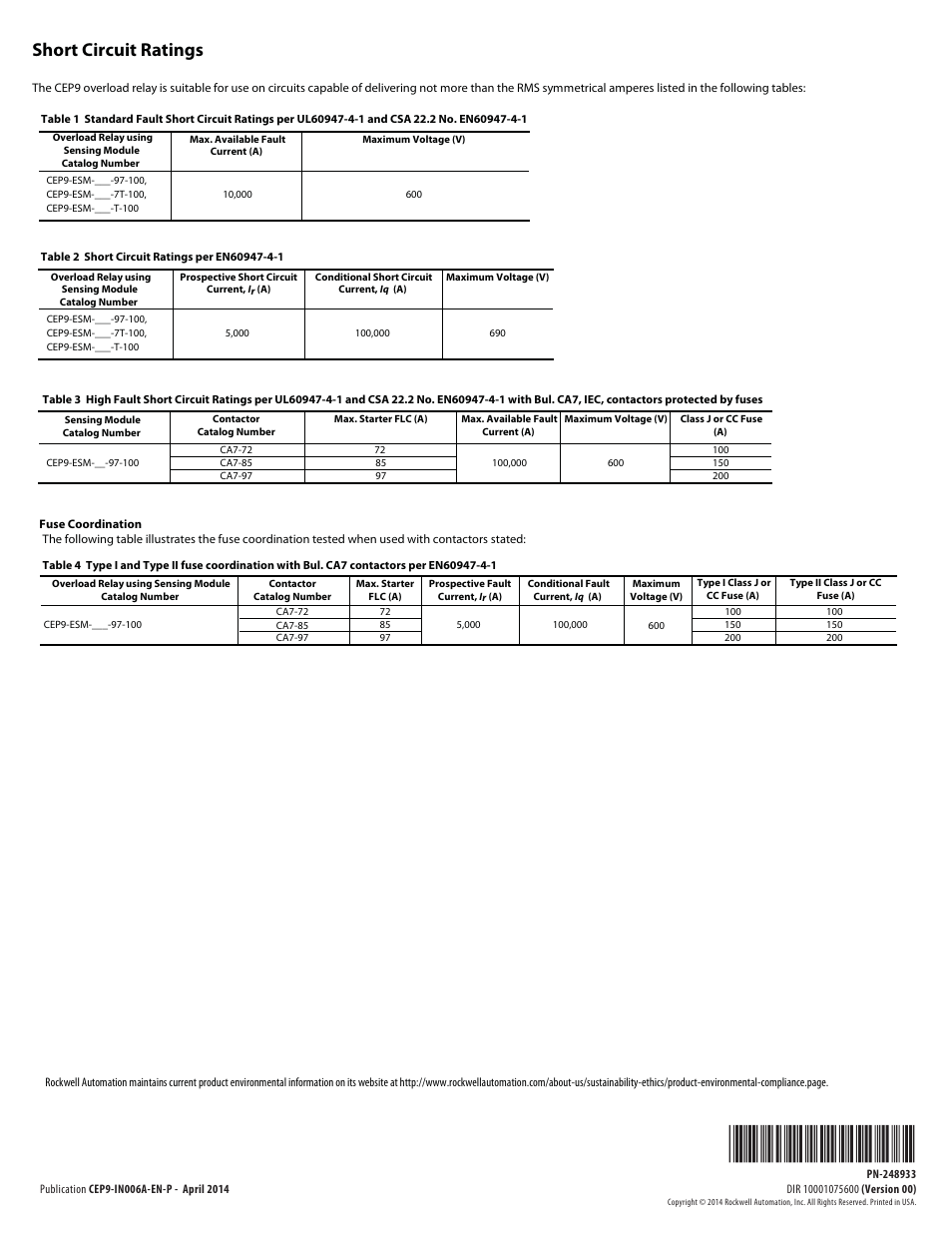 Short circuit ratings | Rockwell Automation CEP9-ESM-xxx-xxx Sprecher+Schuh CEP9 Sensing Module User Manual | Page 4 / 4