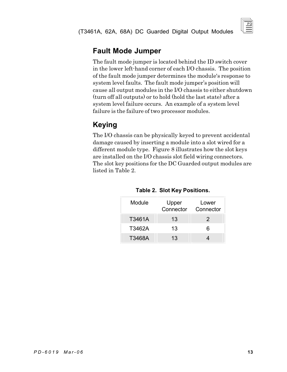 Fault mode jumper, Keying | Rockwell Automation T3468A ICS Regent DC Guarded Digital Output Modules User Manual | Page 13 / 20