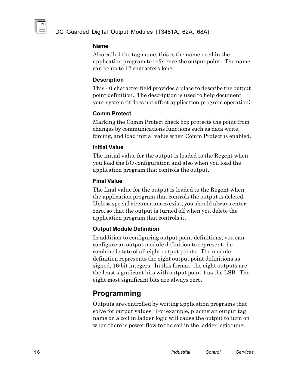 Programming | Rockwell Automation T3468A ICS Regent DC Guarded Digital Output Modules User Manual | Page 16 / 20