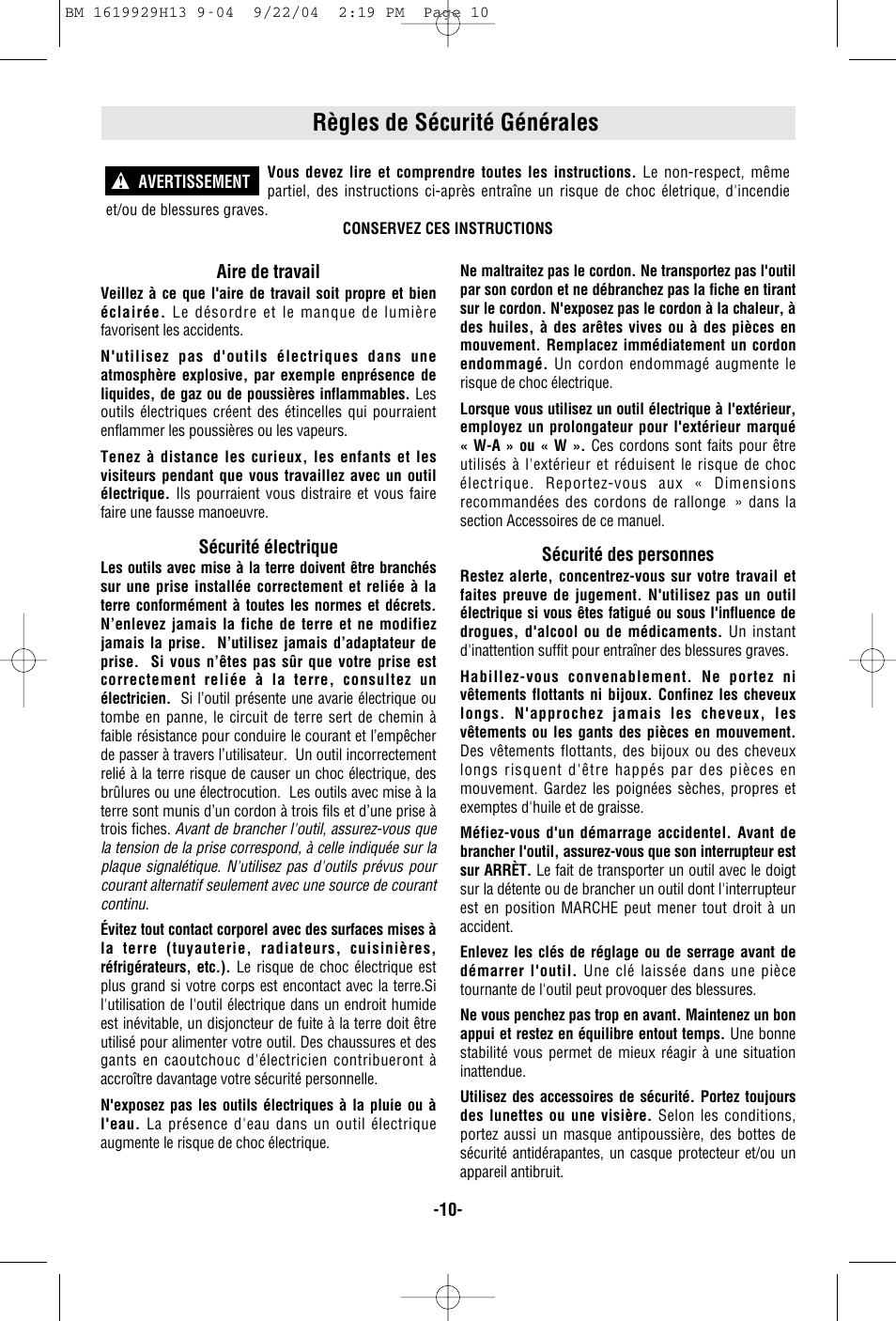 Règles de sécurité générales | Bosch 11318EVS User Manual | Page 10 / 28
