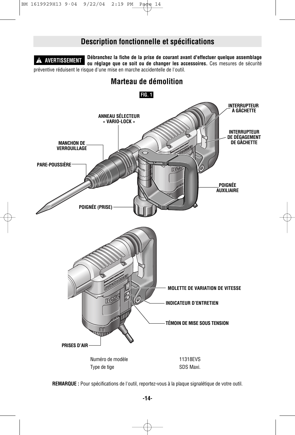 Description fonctionnelle et spécifications, Marteau de démolition | Bosch 11318EVS User Manual | Page 14 / 28