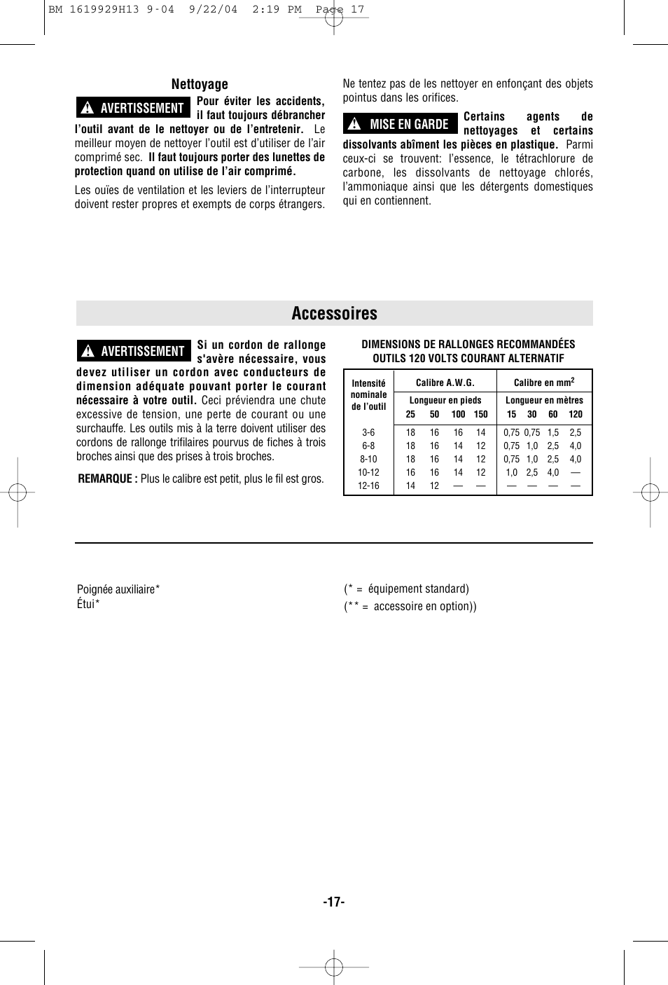 Accessoires, Nettoyage, Avertissement | Avertissement ! mise en garde | Bosch 11318EVS User Manual | Page 17 / 28