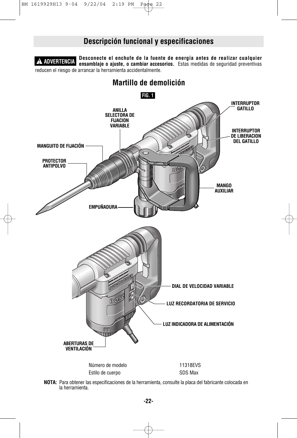 Descripción funcional y especificaciones, Martillo de demolición | Bosch 11318EVS User Manual | Page 22 / 28