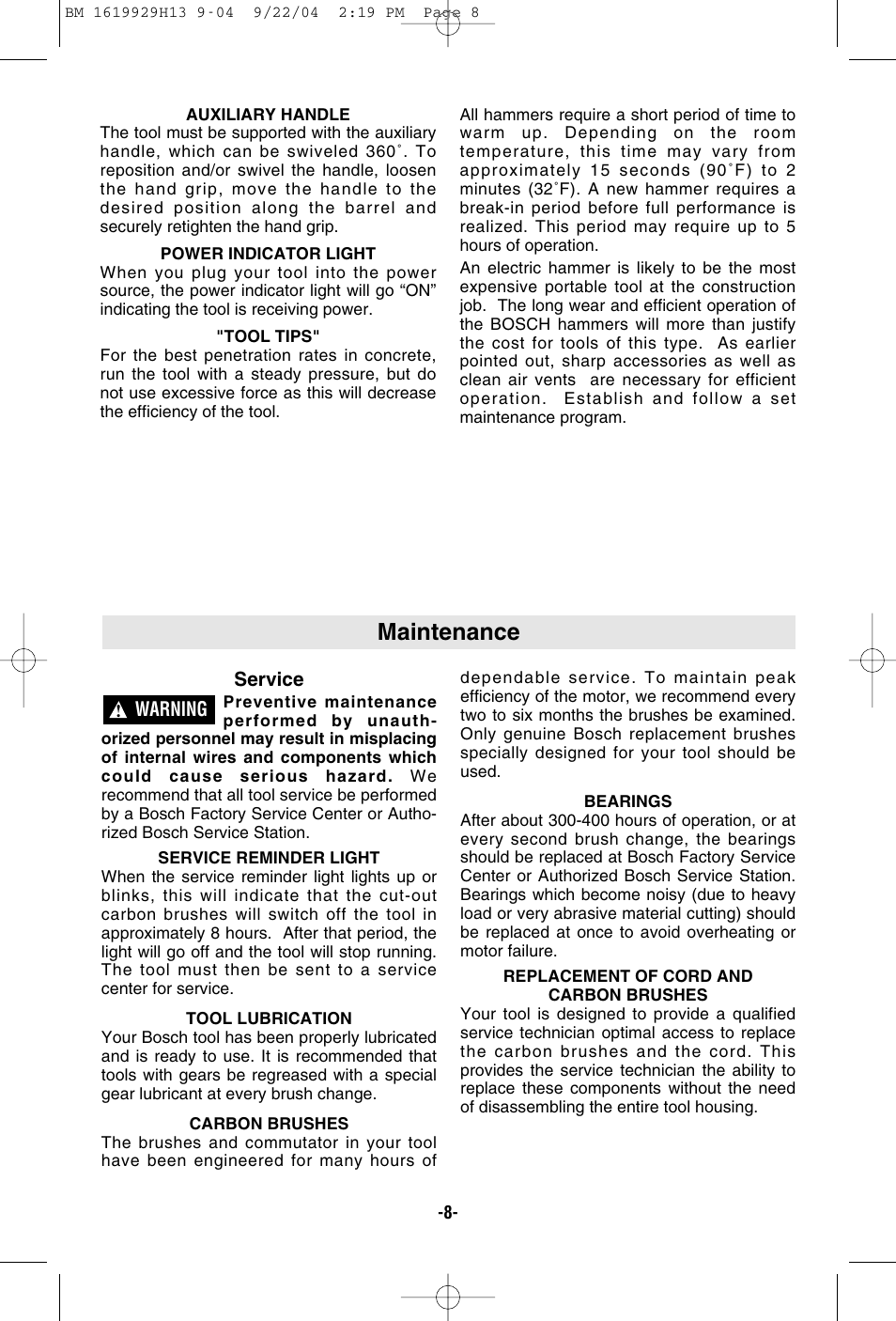 Maintenance | Bosch 11318EVS User Manual | Page 8 / 28