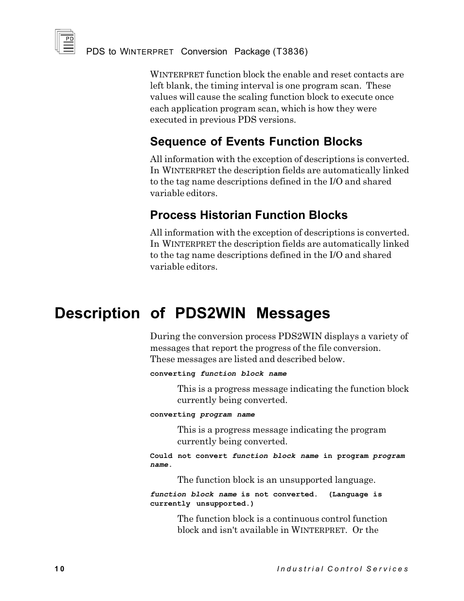 Description of pds2win messages, Sequence of events function blocks, Process historian function blocks | Rockwell Automation T3836 ICS Regent PDS to Winterpret Conversion Package User Manual | Page 10 / 12