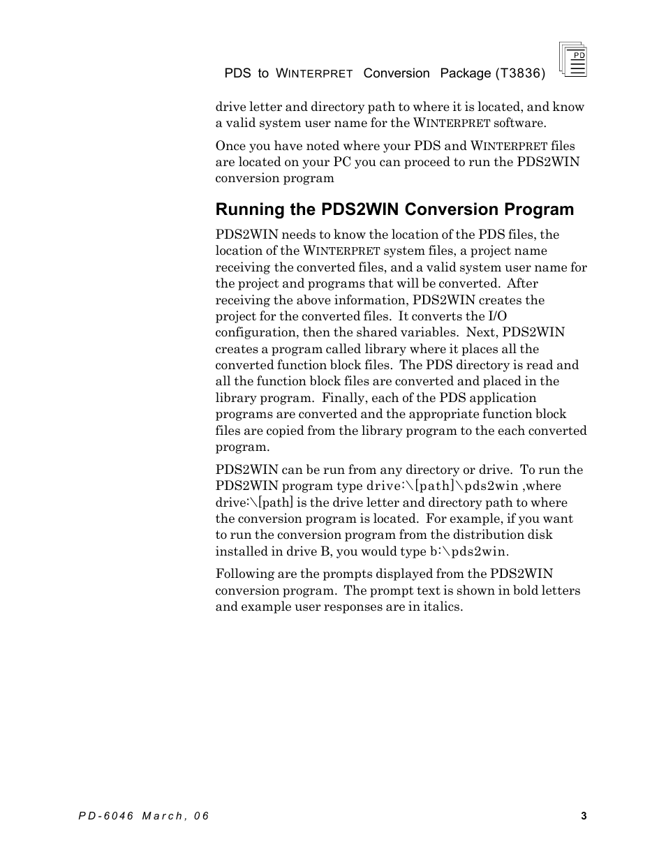 Running the pds2win conversion program | Rockwell Automation T3836 ICS Regent PDS to Winterpret Conversion Package User Manual | Page 3 / 12