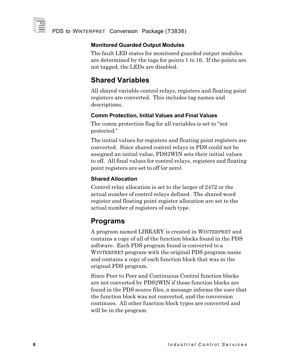 Shared variables, Programs | Rockwell Automation T3836 ICS Regent PDS to Winterpret Conversion Package User Manual | Page 6 / 12